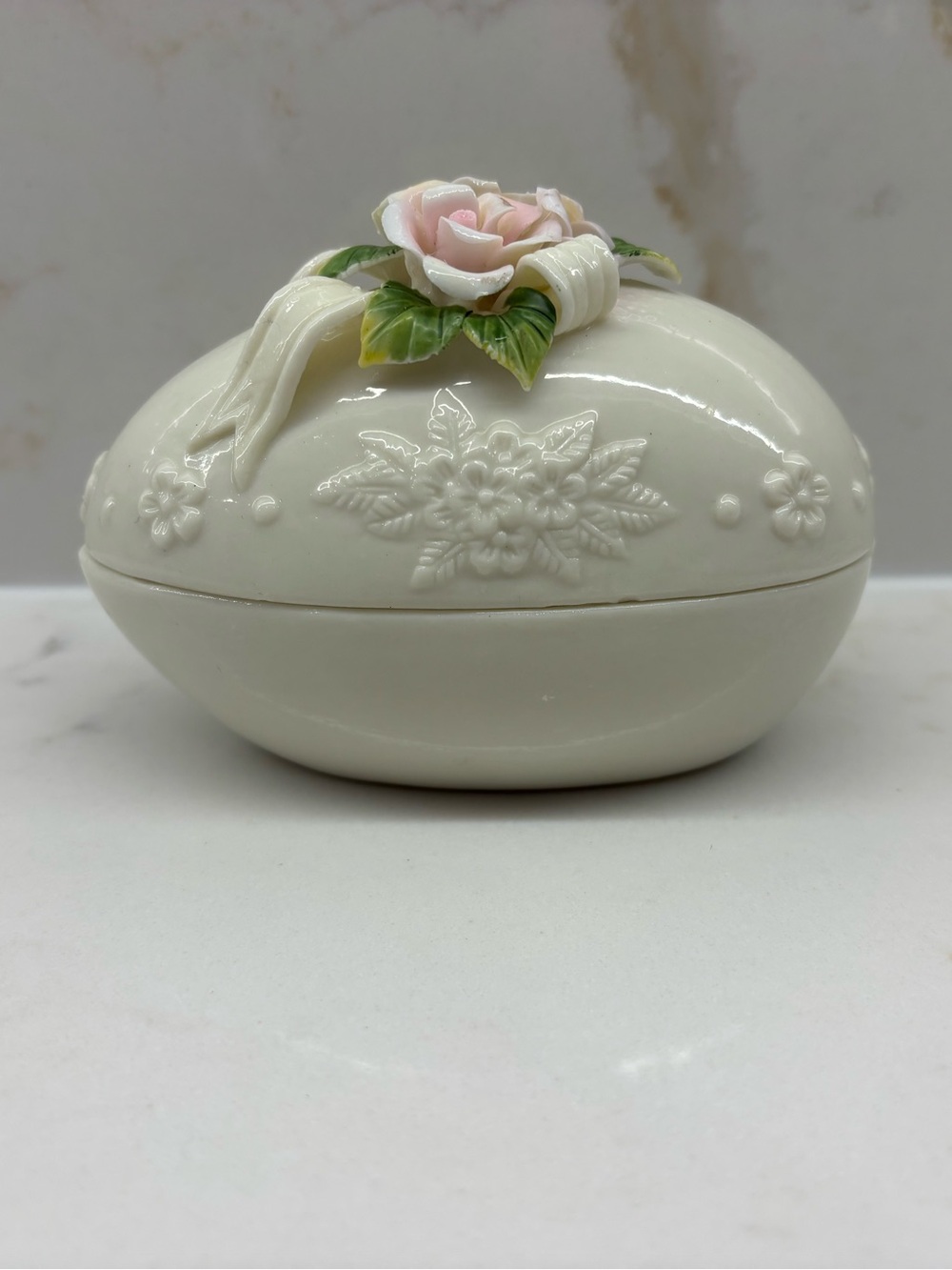Vintage Egg Shaped Porcelain Floral Trinket Box with Bow Pink Rose Floral Accent